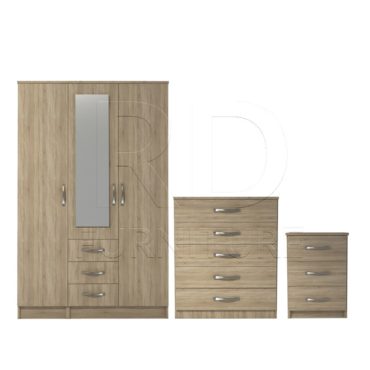 3 Pcs Classic 3 Door 3 Drawer Combi Mirrored Wardrobe, Chest And Bedside Set Oak