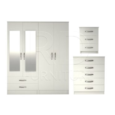 3 Pcs Classic 4 Door 2 Drawer Mirrored Wardrobe, Chest And Bedside Set White