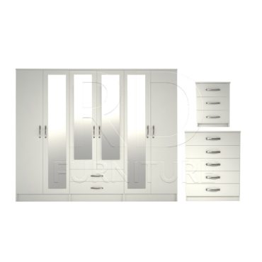 3 Pcs Classic 6 Door 2 Drawer 4 Mirror Wardrobe, Chest And Bedside Set White