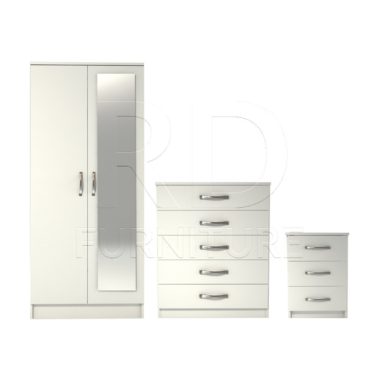 3 Pcs Classic 2 Door Mirrored Wardrobe, Chest And Bedside Set White