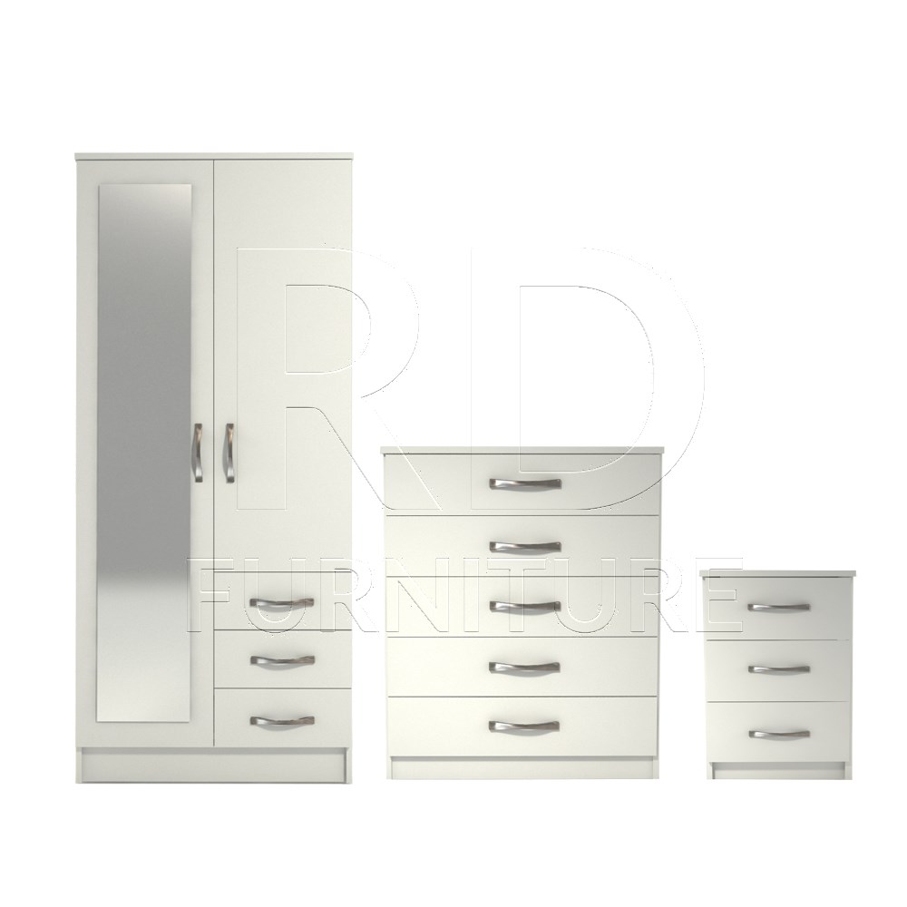 3 Pcs Classic 2 Door Mirrored Combi Wardrobe, Chest And Bedside Set White