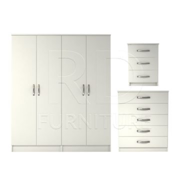 3 Pcs Classic 4 Door Wardrobe, Chest and Bedside set White