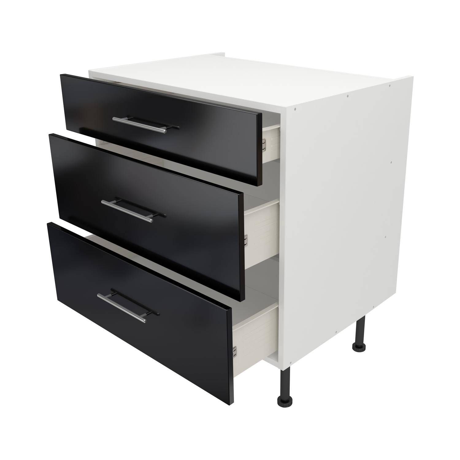 Pre Assembled Modern 800mm Fitted Kitchen 3 Drawer Unit Black Gloss 